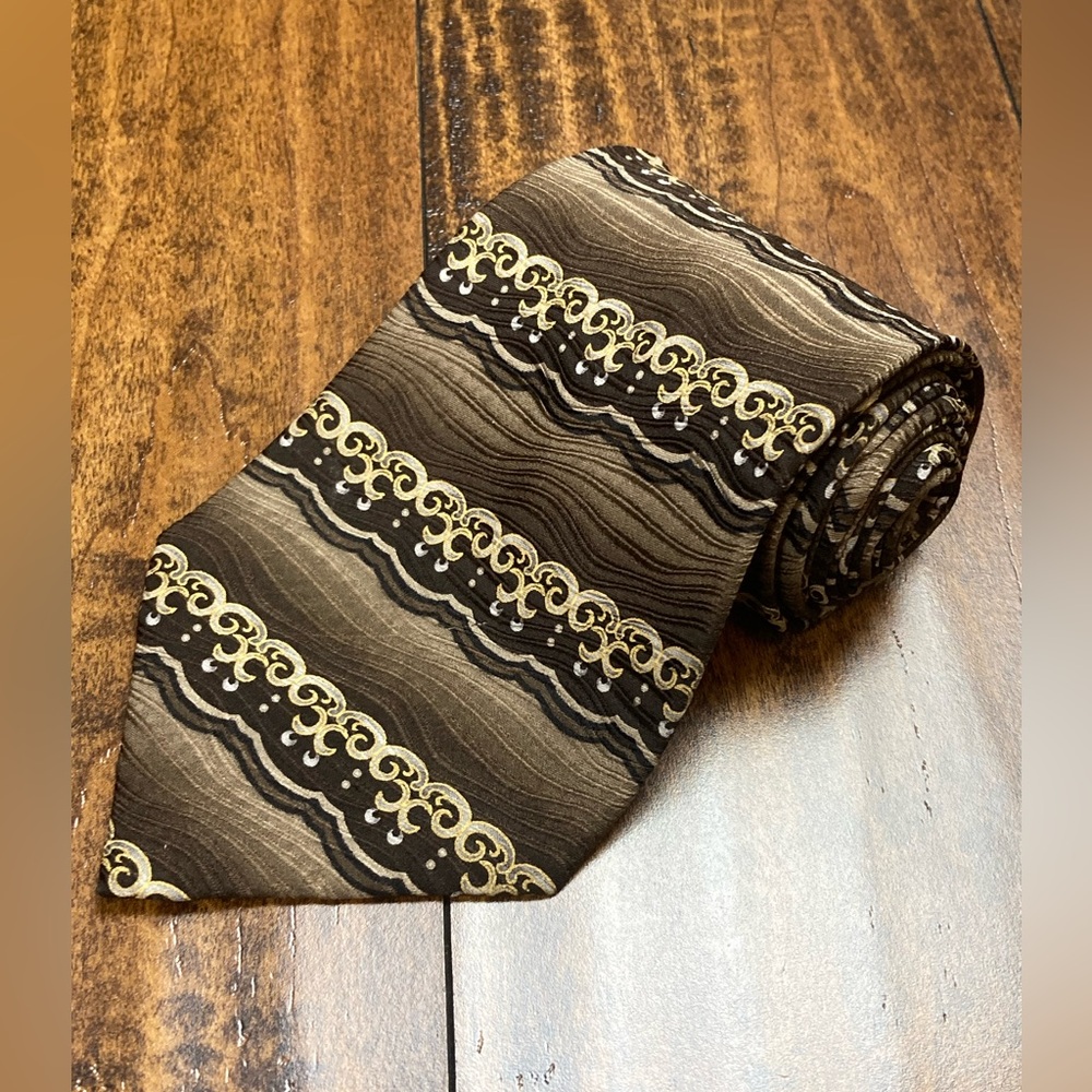 NINO MORI 100% Silk Men’s Tie Brown Wavy Stripes Necktie